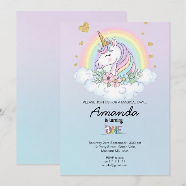 Magical Rainbow Unicorn 1st Birthday Invitation (Devant / Derrière)