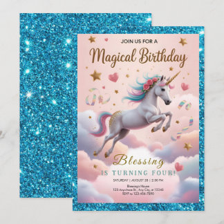 Magical Rainbow Unicorn 4th Birthday Einladung