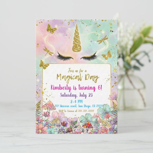 Magical Rainbow Unicorn Birthday Invitations Einladung (Stehend Vorderseite)