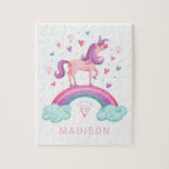 Magical Rainbow Unicorn Jigsaw Puzzle<br><div class="desc">Magical unicorn with hearts and a rainbow decorate this puzzle. Personalize it with her name. Ein Gift für ein Girl. Designed for you by Blackberry Boulevard.</div>