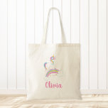Magical Rainbow Unicorn Personalized Tragetasche<br><div class="desc">Cute personalized unicorn birthday tote bag. This fun custom design features a sweet unicorn illustration,  stars and a rainbow. Trendy pink,  purple,  blue and yellow colors with a touch of faux gold glitter.</div>