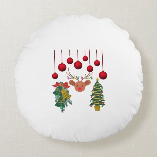 Magical Reindeer Bells and Christmas Tree Design  Rundes Kissen (Vorderseite)