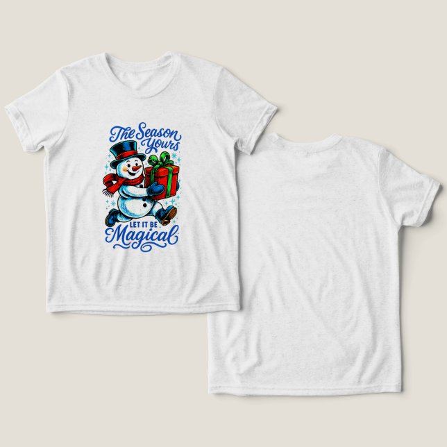 Magical Snowman Christmas Delivery Tee fun holiday (Design Vorderseite & Rückseite)
