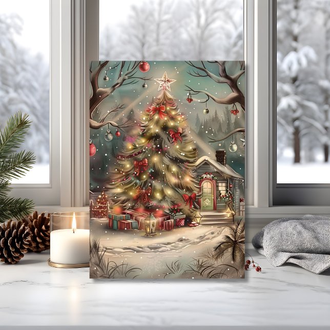 Magical Snowy Christmas Cottage  Karte (Send a peaceful scene with this holiday card featuring a glowing tree and cozy cottage)