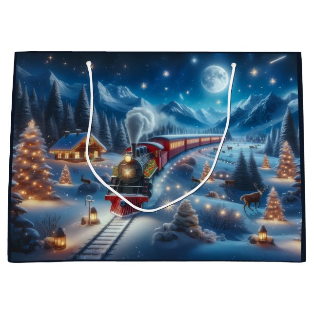 Magical Snowy Christmas Train Winter Scene Große Geschenktüte (Vorderseite)