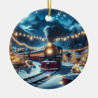Magical Snowy Christmas Train Winter Scene Keramik Ornament