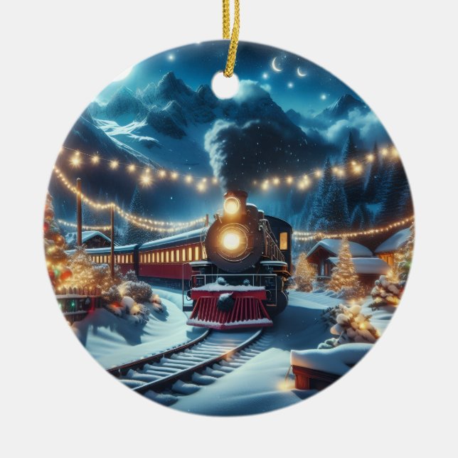 Magical Snowy Christmas Train Winter Scene Keramik Ornament (Vorne)