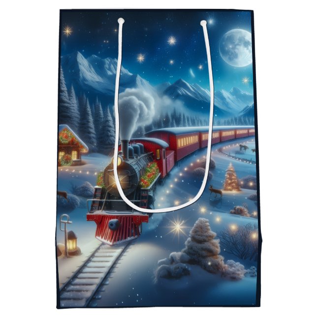 Magical Snowy Christmas Train Winter Scene Mittlere Geschenktüte (Rückseite)