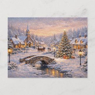 Magical Snowy Christmas Village at Sunset Feiertagspostkarte