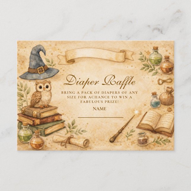 Magical Spellbook Wizard Diapper Raffle Begleitkarte (Vorderseite)