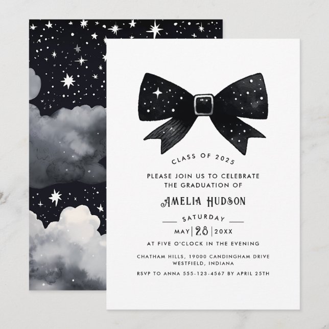 Magical Stars Black Bow Graduation Party Einladung (Vorne/Hinten)