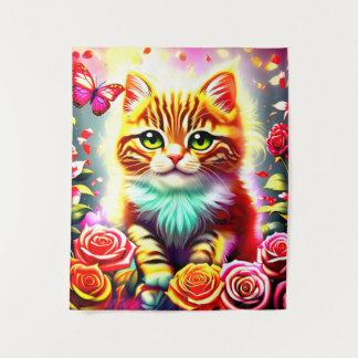"Magical Tabby Cat with Roses and Butterfly Art Pr Wandteppich