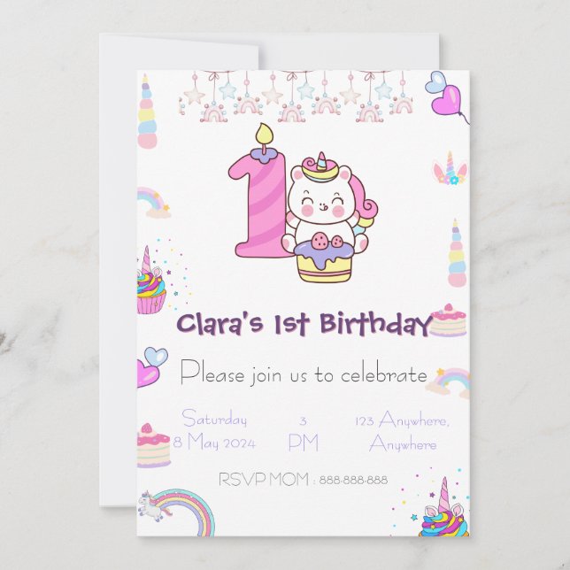 Magical Unicorn 1. Geburtstag Einladung (Vorderseite)