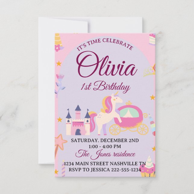Magical Unicorn 1er anniversaire Invitation pour f (Devant)