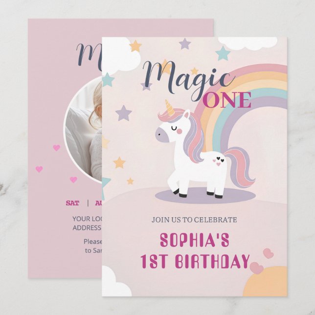 Magical Unicorn 1st Birthday Einladung (Vorne/Hinten)