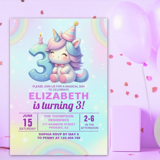 Magical Unicorn 3rd Birthday Invitation – Rainbow  (Créateur téléchargé)
