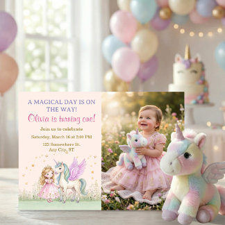 Magical Unicorn and Princess Photo Birthday Einladung