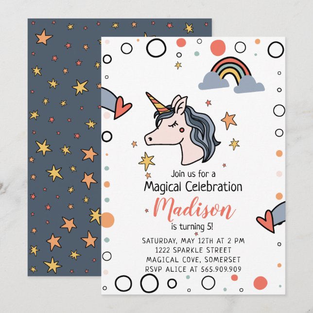 Magical Unicorn Birthday Einladung (Vorne/Hinten)