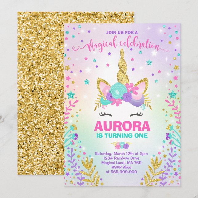 Magical Unicorn Birthday Einladung Unicorn Party (Vorne/Hinten)