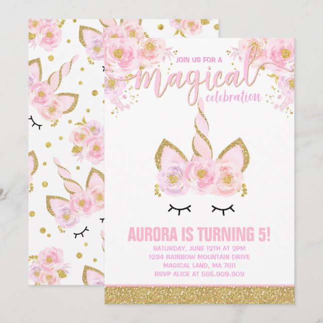Magical Unicorn Birthday Einladung Unicorn Party (Vorne/Hinten)