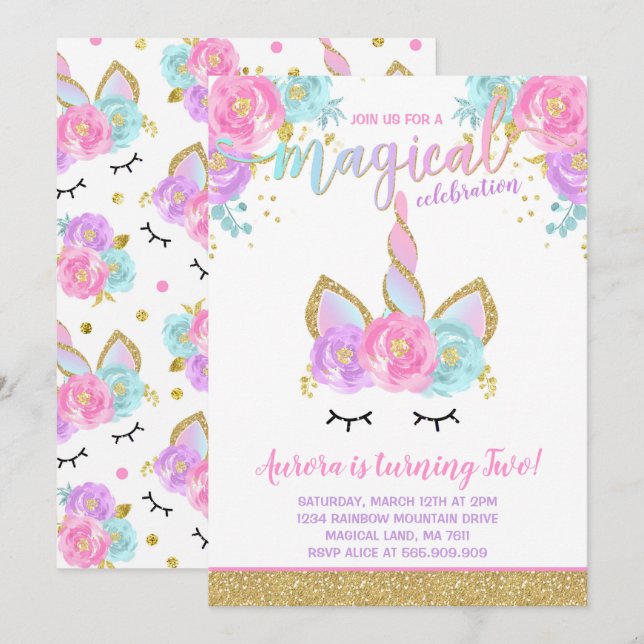 Magical Unicorn Birthday Einladung Unicorn Party (Vorne/Hinten)