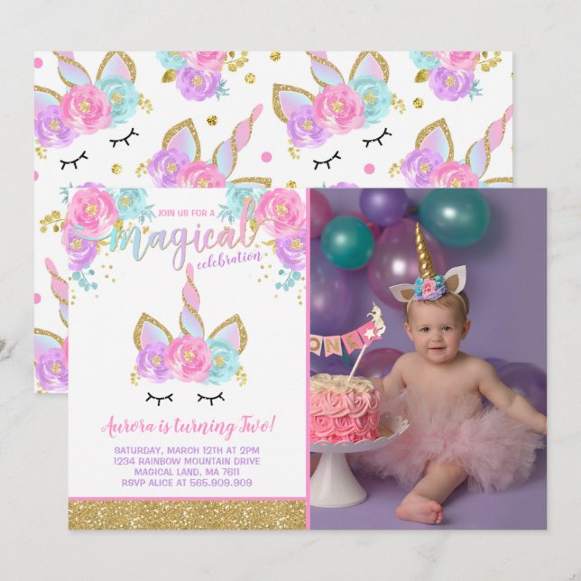 Magical Unicorn Birthday Einladung Unicorn Party (Vorne/Hinten)