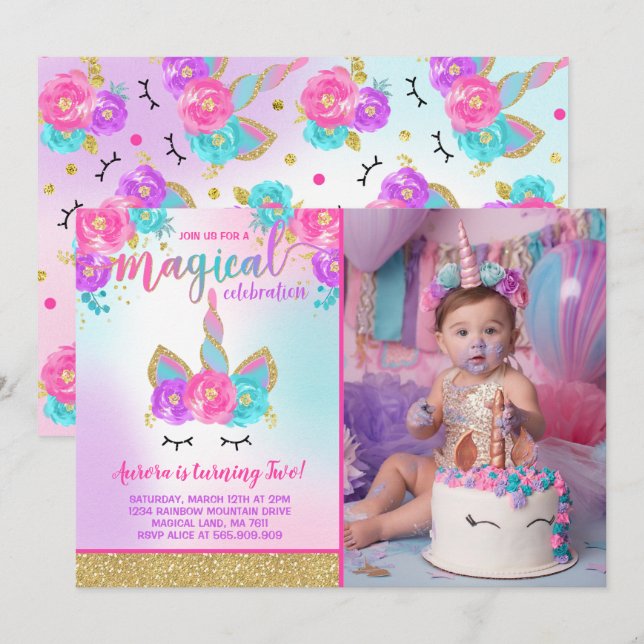 Magical Unicorn Birthday Einladung Unicorn Party (Vorne/Hinten)