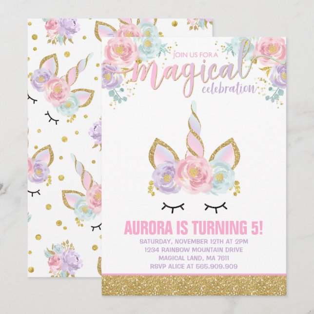 Magical Unicorn Birthday Einladung Unicorn Party (Vorne/Hinten)