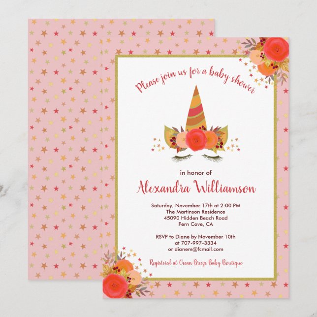 Magical Unicorn Fall Erntedank Girl Babydusche Einladung (Vorne/Hinten)