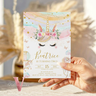 Magical Unicorn Farbenfrohe Pastel Gold Gliiter Einladung