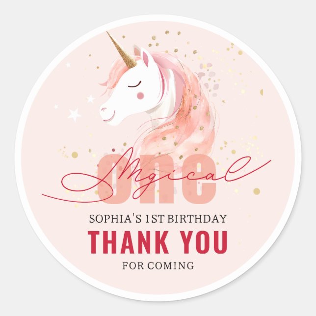 Magical Unicorn First Birthday Runder Aufkleber (Vorderseite)