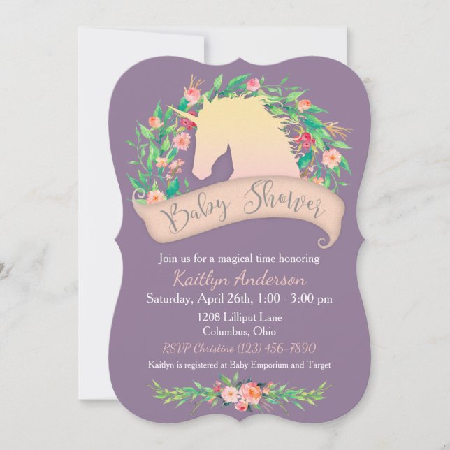 Magical Unicorn Floral Baby Dusche Einladung (Vorderseite)