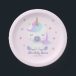 Magical Unicorn Girls Babydusche Pappteller<br><div class="desc">Das zauberhafte und hübsche Babyduschdesign mit einem Cartoon, das mit einem zauberhaften Rosa- und Minzfarbenhaar und Goldhorn verziert ist. Um das Einhorn herum gibt es lila und vergoldete Sterne. Holen Sie sich diese einzigartige, aber trendige Papiertüte für Ihre einzigartige Babydusche! Die Texte sind online leicht editierbar.</div>