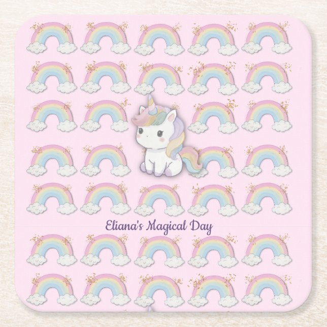 Magical Unicorn Pastel Rainbow Party Rechteckiger Pappuntersetzer (Vorderseite)