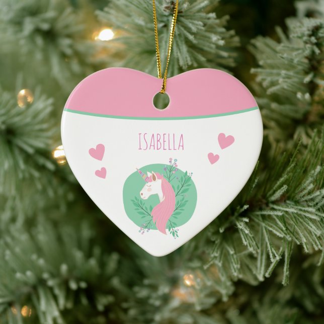 Magical Unicorn Pink Aquamarin w Name Girl Weihnac Keramik Ornament (Baum)