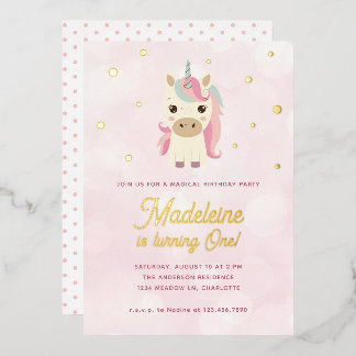 Magical Unicorn Pink Gold Punkte 1. Geburtstag Folieneinladung