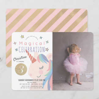 Magical Unicorn Pink x Gold Girl Foto Geburtstag Einladung