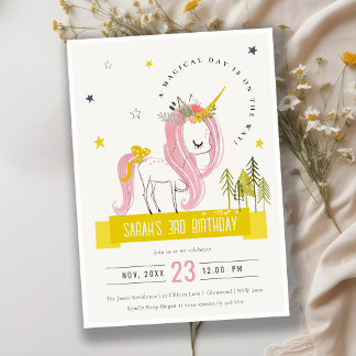 Magical Unicorn Pink Yellow Kids Birthday Photo Einladung