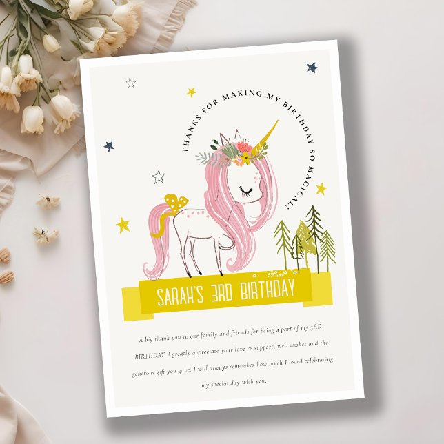 Magical Unicorn Pink Yellow Kids Photo Birthday Dankeskarte (Von Creator hochgeladen)