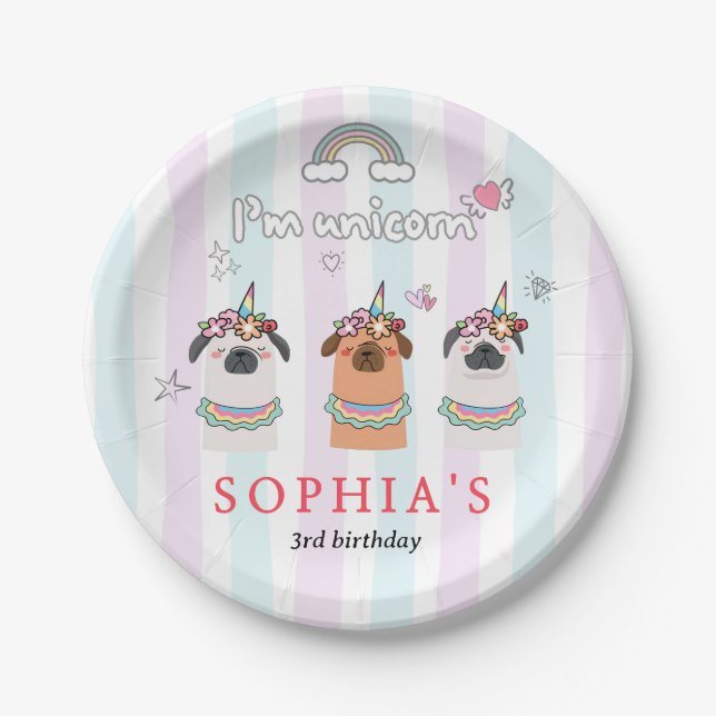 Magical Unicorn Pug Birthday Invitation Pappteller (Vorderseite)