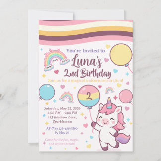 Magical Unicorn & Rainbow Girl 2nd Birthday party Einladung