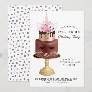 Magical Unicorn Rose Gold Chocolate Birthday Cake Einladung
