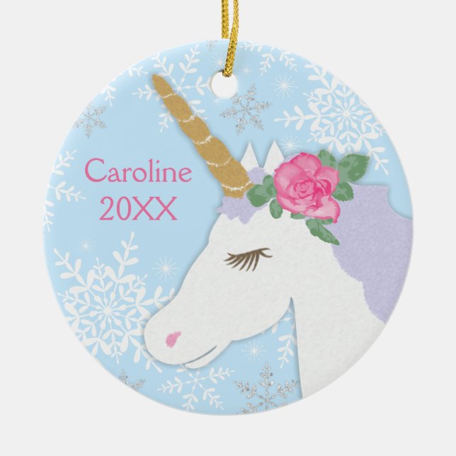 Magical Unicorn Silver Glitter Snowflakes Keramik Ornament (Vorne)