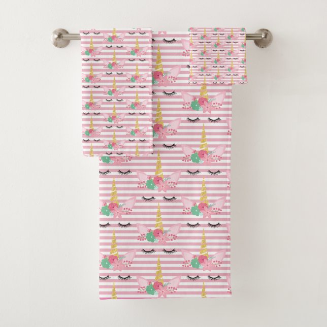 MAGICAL UNICORSTRIPE PINK BADEZIMMER TOWEL SET (Insitu)