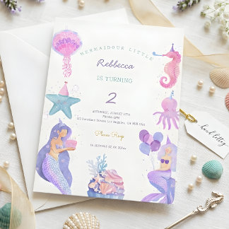 Magical Watercolor Mermaid 2nd Birthday Einladung
