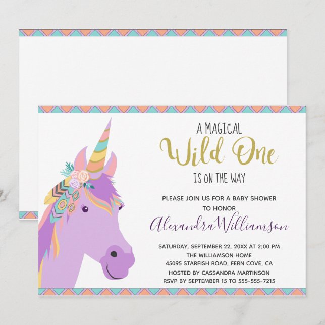 Magical Wild One Unicorn Lila Gold Baby Dusche Einladung (Vorne/Hinten)