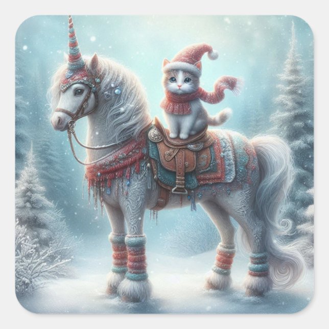 Magical Winter Unicorn & Cat Sticker – Festive Fan (Devant)