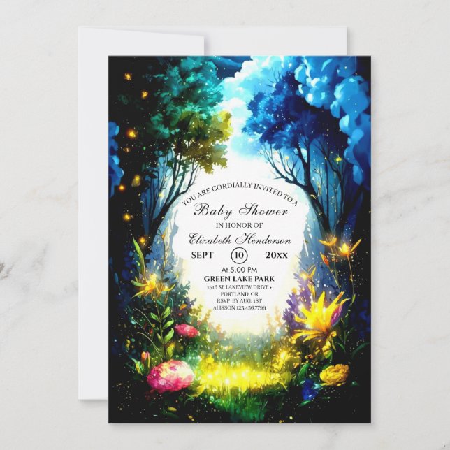 Magical Woodland Baby Dusche Einladung (Vorderseite)