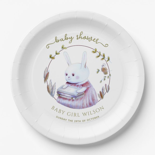 Magical Woodland Books Bunny Girl Baby Dusche Pappteller (Vorderseite)