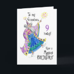 Magician 9th Birthday Card für Grandson Karte<br><div class="desc">Eine lustige 9. Geburtstagskarte für einen Grandson mit einem Zauberer,  der einen Zauber für einen 'Magischen Geburtstag' ausspricht,  aus einer handgemalten Illustration von Judy Adamson. Das Innere wird für Ihre eigene Botschaft leer verlassen.</div>